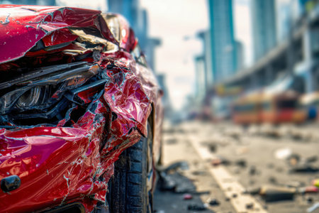 A wrecked crimson car with a flattened front panel lies amidst city traffic, debris littering the pavement under bright daylight, capturing the aftermath of a collisの写真素材