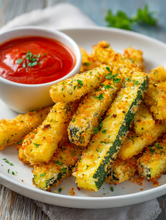 Crunchy, evenly golden zucchini strips topped with fresh herbs sit beside a vibrant bowl of tangy marinara, ready to delight as a flavorful starter or snack.の写真素材