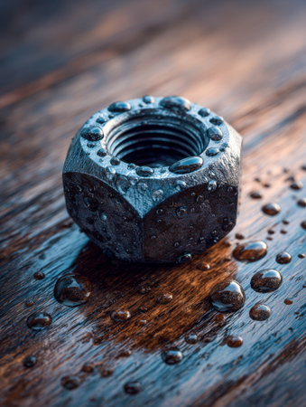 A close-up of a metallic hexagon-shaped fastener adorned with shimmering droplets, set on a rough wooden backdrop dotted with glints of sunlight.の写真素材