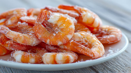 Juicy, icy shrimp with shells intact arranged on a clean white plate, set against a weathered wooden table, perfect for inspiring fresh seafood dishes.の写真素材