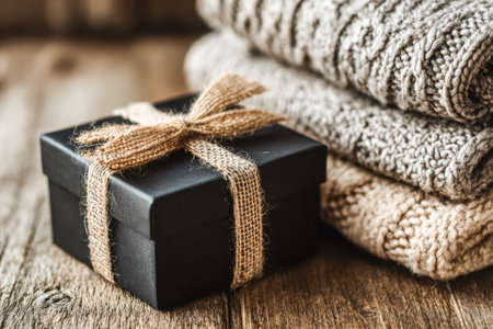 A charming dark gift container adorned with a simple burlap bow rests besides soft, knitted layers, all set on a warm-toned wooden backdrop evoking cozy autumn vibes.の写真素材