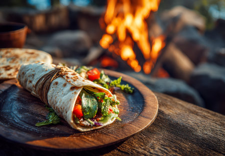 A colorful, handcrafted vegetable roll bursting with crisp greens and juicy tomatoes, presented on a rustic wooden platter beside a warm outdoor campfire ambiance.の写真素材