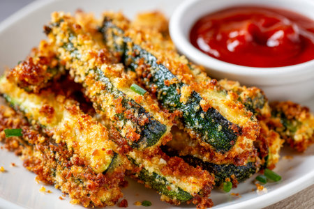 Golden, crunchy zucchini fingers seasoned with herbs and bread crumbs, paired with a tangy red sauce on a sleek white dish, perfect for a flavorful snack.の写真素材