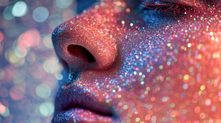 A captivating portrait featuring a face encrusted with luminous, multicolored glitter, illuminated by gentle hues and set against a glittering, dreamy bokeh backdropの写真素材