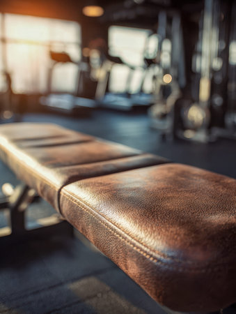A nostalgic leather bench bathed in early morning light, set amid sleek modern gym equipment, evoking a cozy yet motivating space for morning training.の写真素材
