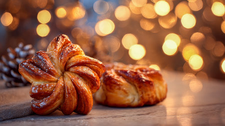 Sweet, golden-brown pastries with cinnamon spirals and gentle sugar dustings sit invitingly on a festive, softly lit table, evoking warmth and holiday cheer.の写真素材