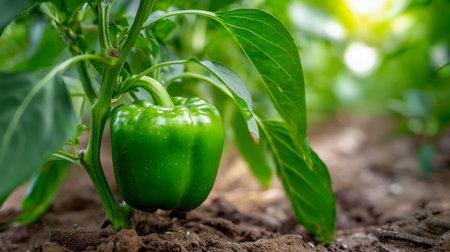 A lush, ripe green pepper flourishing on a vigorous plant rooted in fertile earth, illuminated by crisp sunlight that highlights the freshness of outdoor-grown vegetの写真素材