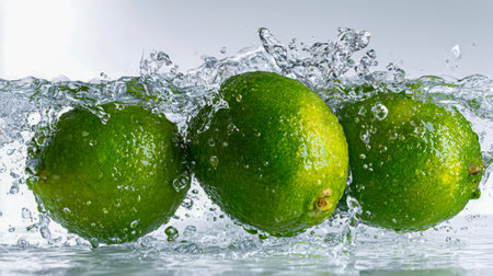 Vibrant green limes cascade into pristine water, igniting a burst of bubbles and droplets that evoke a lively, invigorating sense of freshness.の写真素材