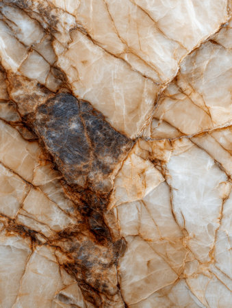 A detailed view of a mineral-rich surface featuring rich browns and ochres, highlighting flowing veins and organic contours that evoke natural artistry and timelessの写真素材