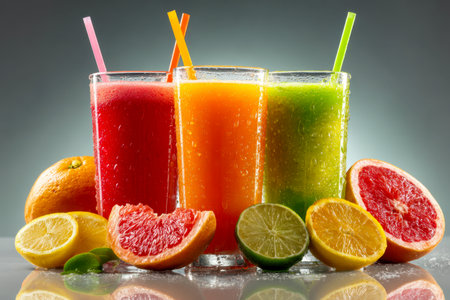 Brightly colored citrus drinks shimmer in tall glasses, accented by lively straws, amidst an array of freshly sliced grapefruit, orange, lemon, and lime on a glossyの写真素材