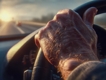 A driver's hand firmly clutching the wheel as golden sunlight highlights their hair and fingers, stretching along an open highway bathed in warm, amber hues.の写真素材