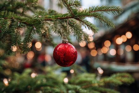 A sparkling crimson bauble gracefully dangles from a pine branch, illuminated by soft, glowing festive lights, creating a warm winter holiday ambiance in an outdoorの写真素材