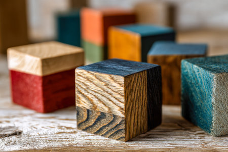 An assortment of vibrantly painted wooden blocks featuring diverse textures and intricate patterns, artistically arranged on a weathered wooden surface highlightingの写真素材