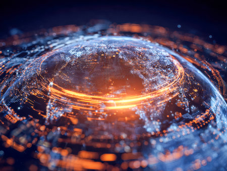 A high-tech sphere featuring vibrant, glowing lines and flowing data ribbons depicting seamless worldwide connectivity and pioneering digital advancements.の写真素材