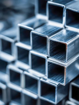 Close-up of shiny, hollow metal square profiles meticulously aligned to form a geometric pattern, emphasizing industrial design and craftsmanship details.の写真素材