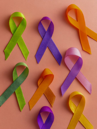 An array of vibrant ribbons laid across a soft peach surface, representing unity and compassion for diverse health issues and social movements.の写真素材