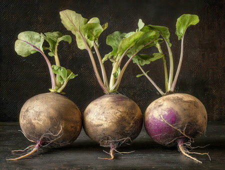Three fresh, earthy-root vegetables with vibrant green leaves are neatly aligned on a textured dark...