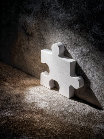 A lone white puzzle fragment rests on a rough surface, highlighted by a sharp beam of light that creates intense shadows, emphasizing solitude and mystery in a darkの写真素材