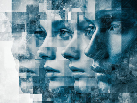 A dynamic composition of overlapping human silhouettes, accented with sharp geometric forms and textured overlays, all in soothing shades of blue.の写真素材