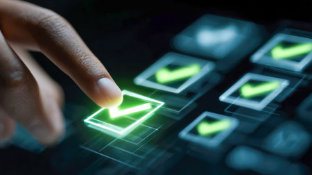 A digital hand interacts with a sleek, high-tech display, confirming objectives with luminous green...