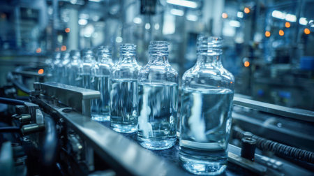 Sleek glass containers glide seamlessly on a high-tech production line, illuminated by bright...