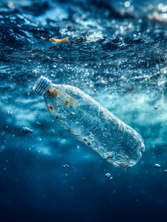An underwater scene revealing a discarded plastic bottle drifting amidst murky waters, illustrating...