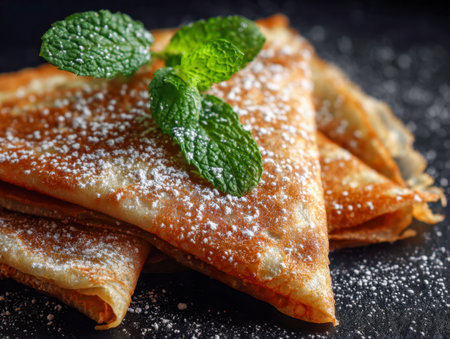 Fluffy, golden-brown folded pancakes dusted with powdered sugar and adorned with vibrant mint leaves create an inviting, mouthwatering centerpiece for a sweet treat or moの写真素材