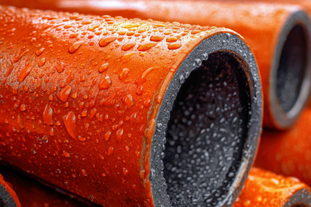 Bright orange industrial pipes adorned with sparkling water droplets highlight rugged texture and moisture, capturing the essence of a busy construction environment.の写真素材