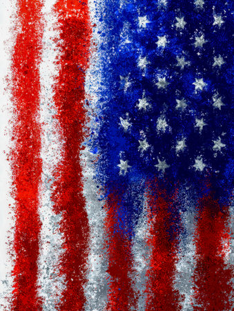 A dynamic, artistic portrayal of patriotism, featuring bold red bands and a midnight blue canton adorned with shimmering white stars, all rendered with a lively, texturedの写真素材