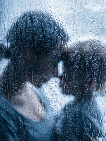 Two figures stand close, framed by a dampened glass pane that diffuses daylight, evoking a quiet, contemplative mood amid a softly blurred setting.の写真素材