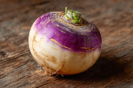 A vibrant, uncut turnip displays its contrasting purple and white outer skin, nestled on aged wood...