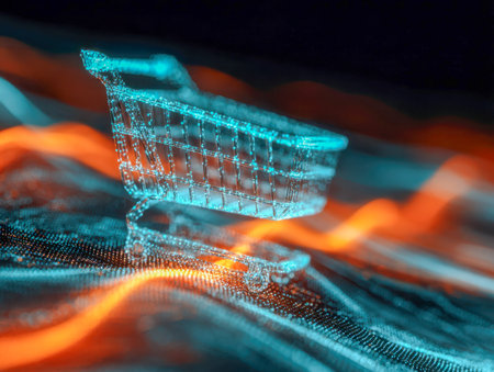 A futuristic 3d digital shopping trolley crafted from luminous blue particles, amid an energetic backdrop of orange and blue streaks symbolizing digital commerce floの写真素材