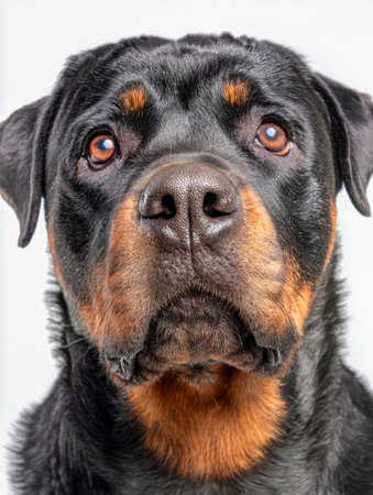 A majestic Rottweiler gazes intently, showcasing rich, detailed coat and soulful eyes that convey strength and gentleness against a clean white backdrop.の写真素材