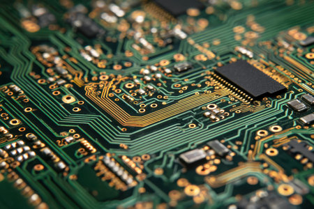 A close-up of a sophisticated circuit assembly featuring shimmering gold traces and sleek black...