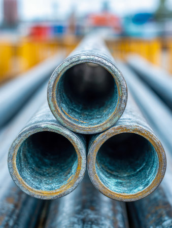 A detailed view of weathered, oxidized pipes piled tightly, revealing rough surfaces and vibrant rust patches against an out-of-focus industrial scene.の写真素材