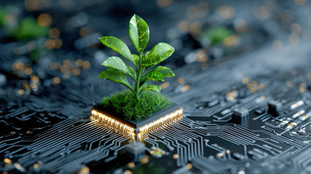 A vibrant green sprout emerges from a sleek microchip, intertwined with luminous circuits,...