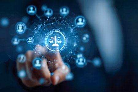 A futuristic workspace features an individual engaging with a sleek digital display showcasing balancing scales and interconnected social icons, symbolizing innovationの写真素材