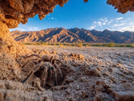 A hefty, fuzzy arachnid pushes out from a sandy hideout amid arid terrain, with jagged mountains and a crisp, azure sky setting a striking desert scene.の写真素材