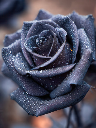 An elegant ebony flower adorned with shimmering droplets, revealing fine petal textures against a gentle, out-of-focus natural setting, capturing botanical artistry.の写真素材