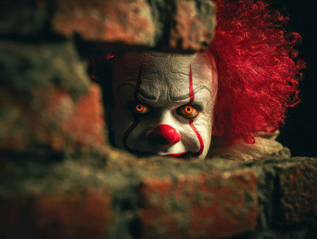 A haunting figure with fiery crimson hair and piercing amber gaze emerges through fractured bricks, casting shadows in a sinister, gloom-filled environment.の写真素材