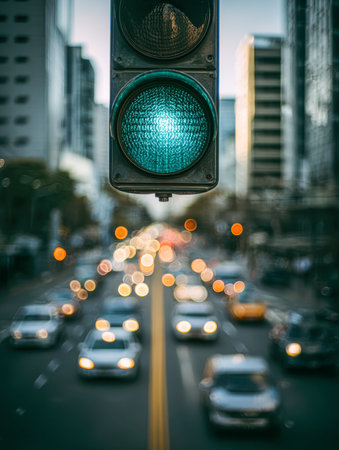 A luminous green light beams over a bustling city avenue as fast-moving vehicles blur beneath, with towering structures illuminated gently in the evening?s calm glow.の写真素材
