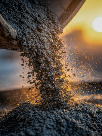 Warm sunset sunlight illuminates freshly poured concrete cascading from a chute, capturing the energy and precision of a bustling construction site at dusk.の写真素材
