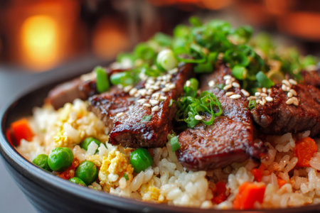 Juicy beef strips topped with sesame and chopped green onions sit atop a colorful bed of fried rice dotted with peas and carrots, all illuminated by cozy, inviting lの写真素材