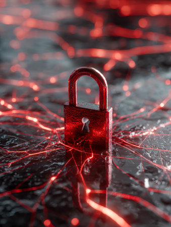 A sleek, crimson metallic lock amid vibrant, pulsating red circuit pathways illustrating digital security and data safeguarding measures.の写真素材