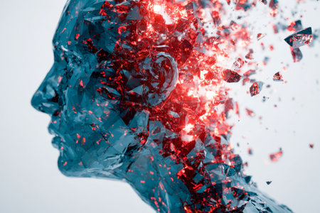 A dynamic sculpture of a human head formed from fractured glass, with fiery crimson shards bursting outward, embodying innovation, mental evolution, and inspiration.の写真素材