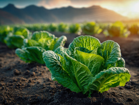Vibrant lettuce leaves thrive in rich soil as morning sunlight bathes them in warm hues, with distant mountains softly blurred behind a peaceful, awakening landscapeの写真素材