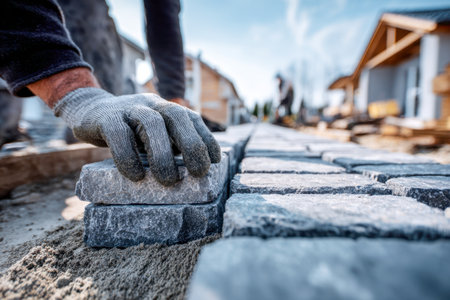 A skilled laborer with protective gloves meticulously positions uniform stone tiles on soft earth, shaping a lasting walkway amid a sunny neighborhood setting.の写真素材