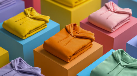 Brightly hued hoodies are carefully stacked on soft pastel platforms, forming a lively, stylish display that exudes contemporary charm and youthful energy.の写真素材
