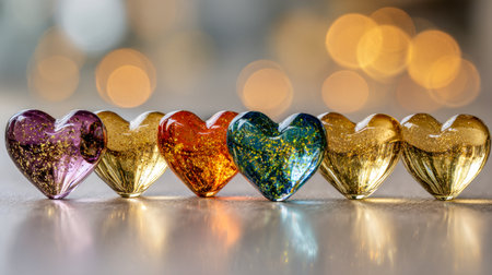 Vibrant glass hearts adorned with shimmering gold specks rest in a line, their gentle reflections adding warmth to a blurred, romantic backdrop.の写真素材