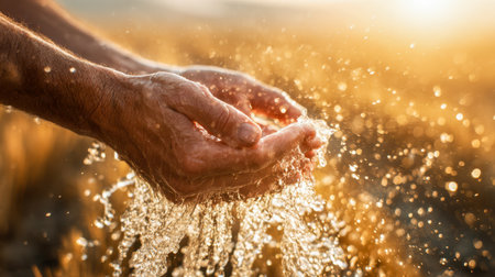 Warm sunlight illuminates soft hands as they lift and scatter sparkling water, embodying vitality and serenity in a scene of natural purity.の写真素材